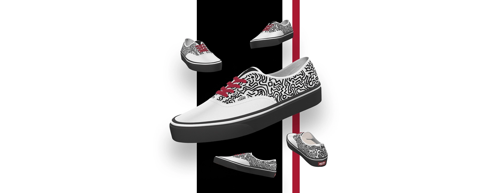 Image du quatrième projet, des souliers qui flottent sur une bande noir et rouge